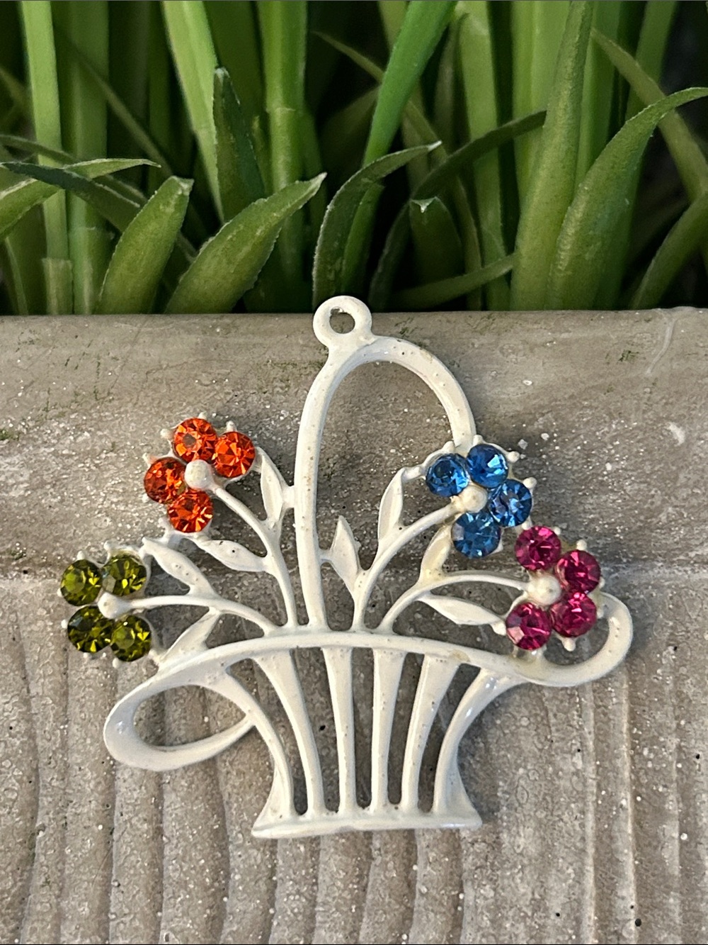 White Metal Flower Basket Pendant with Colorful Rhinestone flowers vintage
